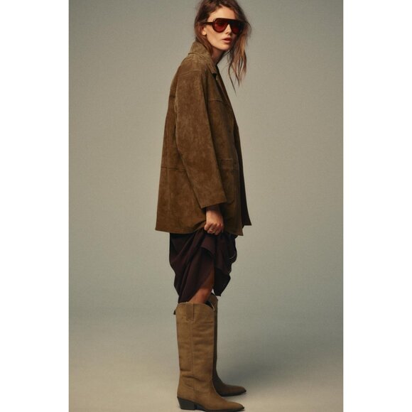 NWT Zara Tan Suede Cowboy Boots Size 39 / US 8 Block Heel Pull-On - Picture 2 of 7